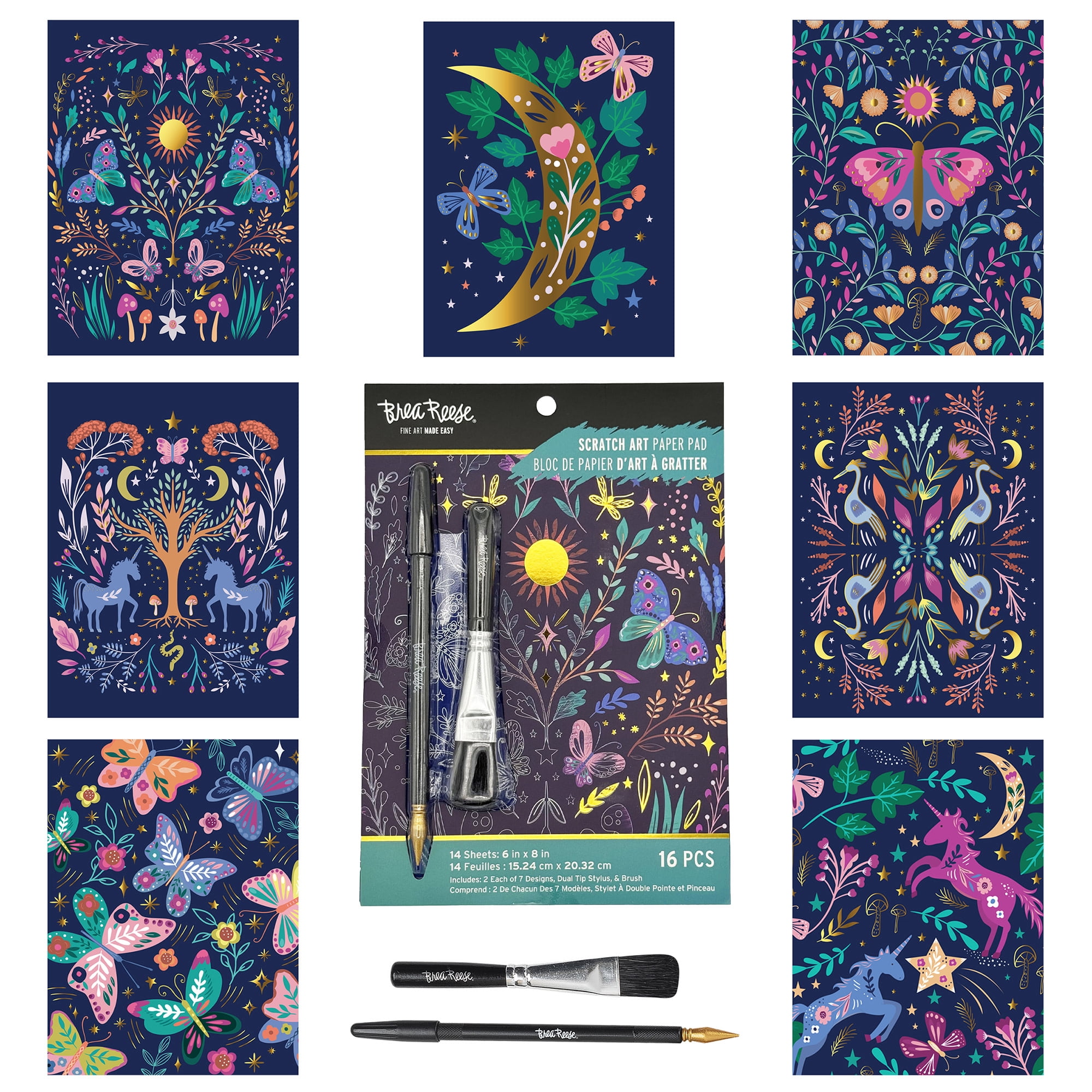 Brea Reese: Scratch Art Paper Pad - Enchanted Wood - 2 Each of 7 Designs, Foil Accents, Dual-Tip Stylus & Brush, Easy-to-Frame 6x8 Pages, Adult Craft