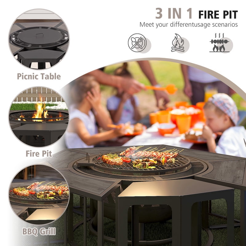 GAZEBETER 51" Fire Pit,Outdoor Wood Burning Fire Pits with Lids,Fire Poker and Metal Side Table,BBQ Fire Pits for Picnic Party,Brown