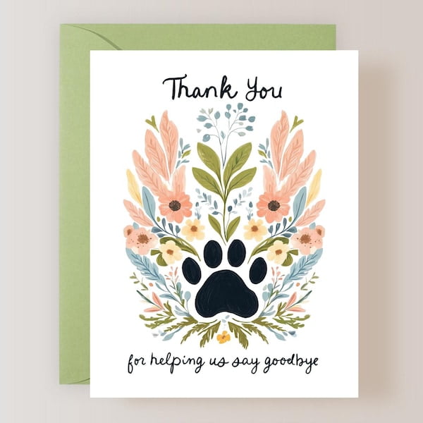 Pet Sympathy Thank You Card, Floral Paw Print Design, Appreciation Note for Veterinarian or Pet Care Provider, Includes Sage Green Envelope, Thoughtful Sympathy Stationery