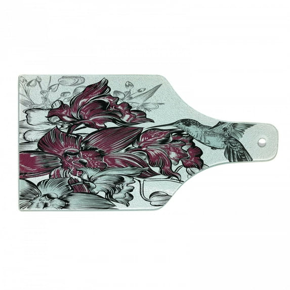 Hummingbird Cutting Board, Orchid Flowers Bouquet and a Hummingbird Nature Wildlife Design Print, Decorative Tempered Glass Cutting and Serving Board, Wine Bottle Shape, Burgundy, by Ambesonne