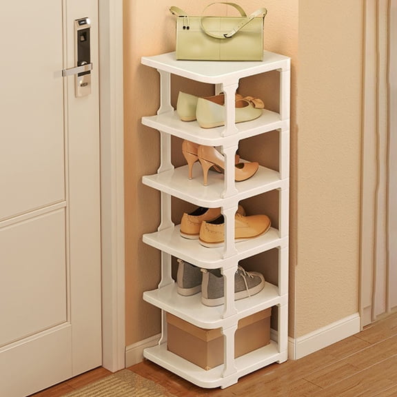 Organizador de zapatos de plástico para armario - Caja de almacenamiento apilable, blanca, montaje plegable de 9,84x10,62x34,6 pulgadas, montaje plegable en 3 minutos, compartimento multifuncional