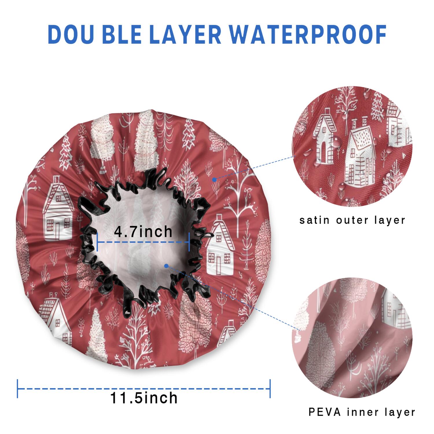 Shower Caps,Red Christmas Village Pattern Waterproof Shower Cap for Women 4 Pieces,Double Reusable Hair Cover for Shower PEVA Elastic Stretch Hem