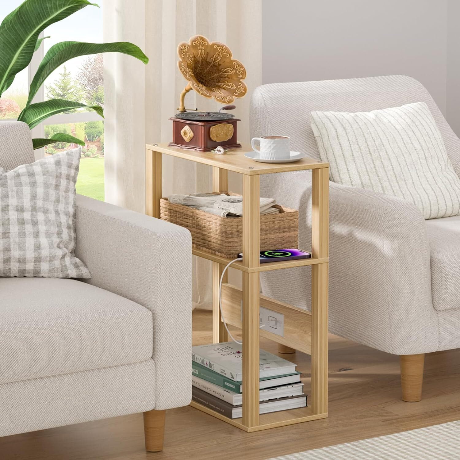 Joaxswe 3-Tier End Table Set of 2, Narrow Side Table, Storage Shelf for Living Room, Bedroom, Natural Oak
