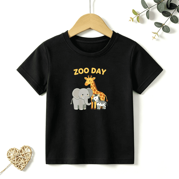 Boys Graphic T Shirt Zoo Day Animal Friends Design Short Sleeve Kids Tees Safari Adventure Style 100% Cotton Soft Child Tops 4-13Y