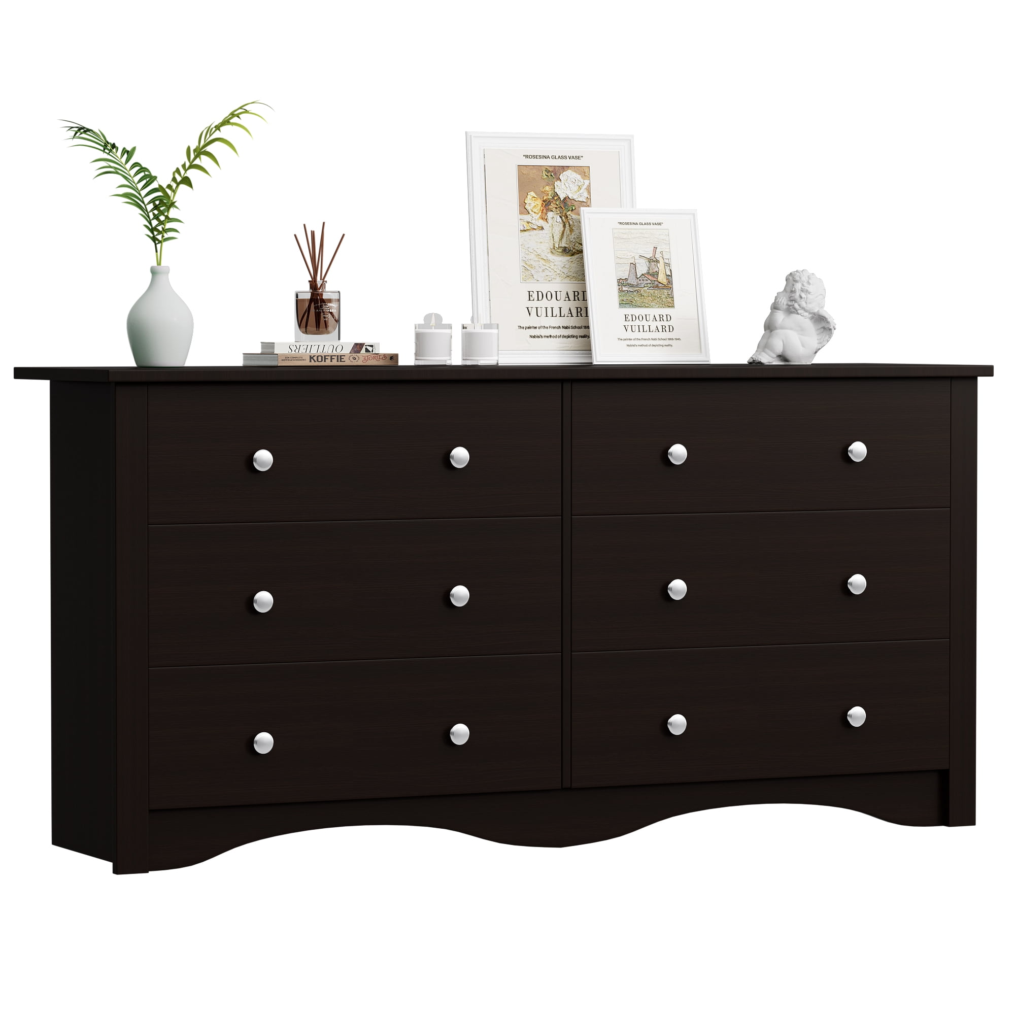 Vineego 58'' 6 Drawers Dresser, Rustic Modern Chest of 6 Drawers Extra Wide Double Dresser for Master Bedroom or Nursery Storage,Brown