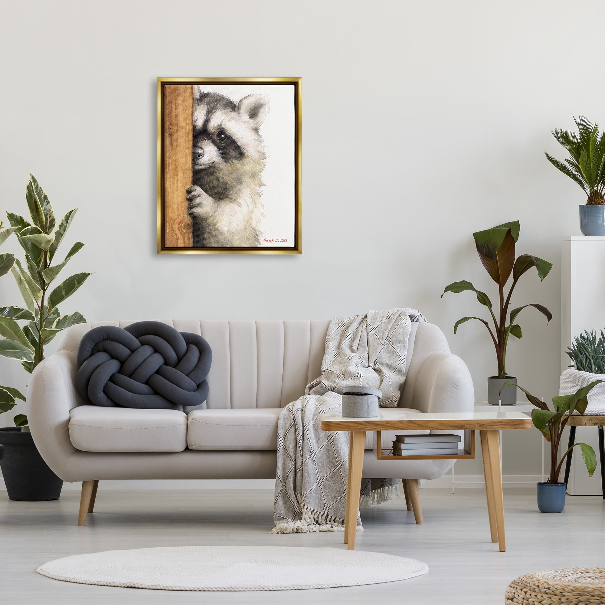 Stupell Industries Peering Raccoon Cute Smile Watercolor Animal Painting Painting Metallic Gold Floating Framed Canvas Print Wall Art, Design by George Dyachenko