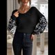 thumbnail image 5 of Suéter Holgado de Punto con Estampado de Leopardo, Larga, Cuello en V y Bloques de Color, Estilo Gótico Clásico e Informal para Mujer. Negro M, 5 of 6