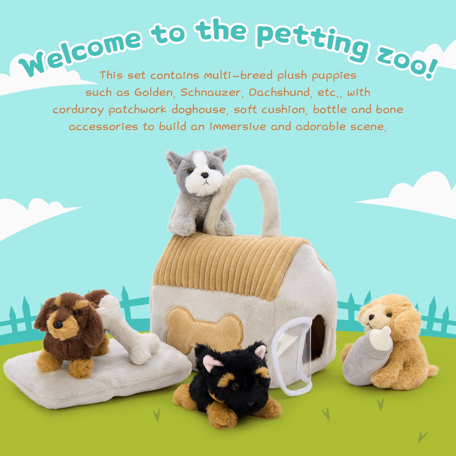 MaoGoLan 8 Pcs Dog House Stuffed Animal 9.8'' Cute Dog House With 4 Puppies Inside Plush Toy