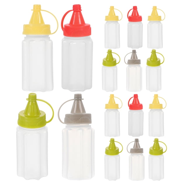 16 mini botellas de salsa exprimibles, pequeñas botellas de plástico para líquidos, botellas exprimibles para condimentos, botellas de mostaza, kétchup y aderezo para ensaladas