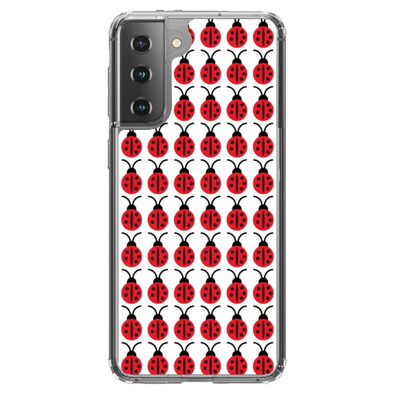 DistinctInk Clear Shockproof Hybrid Case for Galaxy S21 5G (6.2" Screen) - TPU Bumper, Acrylic Back, Tempered Glass Screen Protector - Red White Black Lady Bugs