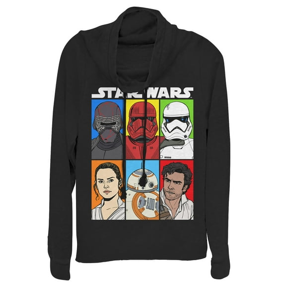 Junior's Star Wars: The Rise of Skywalker Character Grid  Cowl Neck Sweatshirt Black 3X Large