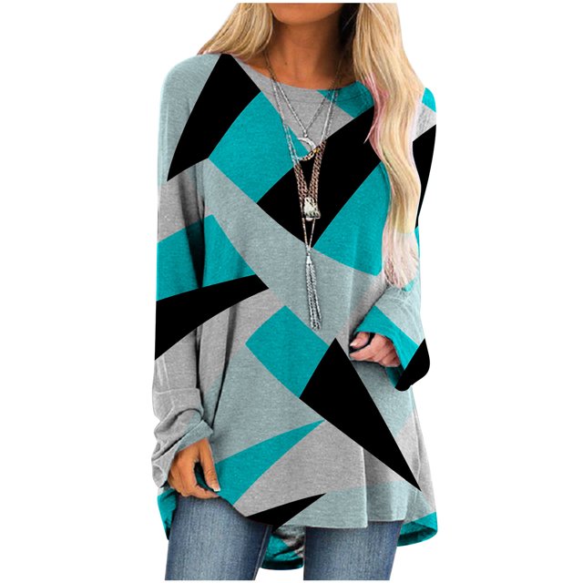 IROINID Savings Womens Long Sleeve Tops Lounge Socket Geometry Printed Round-Neck Tops,Sky Blue
