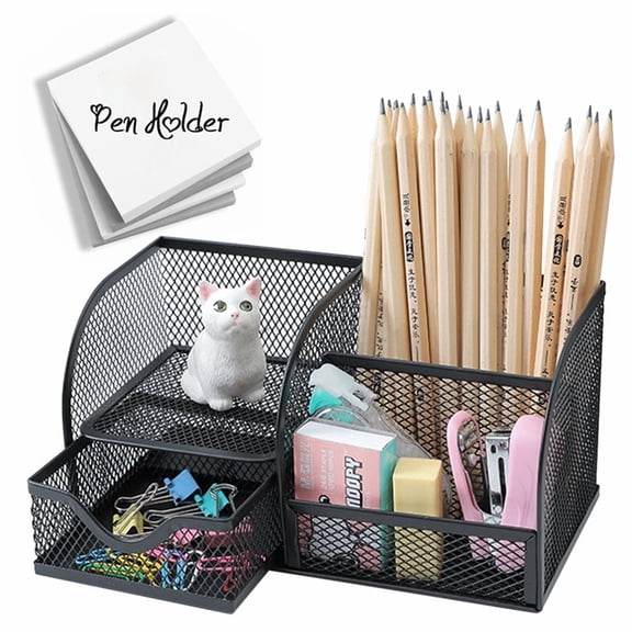 XMZHOU 4 Compartments Metal Mesh Desk Organizer with Drawer Square Desktop Pencil Holder Practical Organiser Rack for Office Bedroom Living Room Desktop, Black