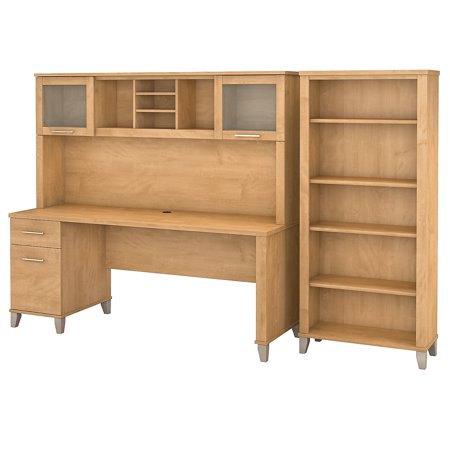 UPC: 0042976095666 | Bush Furniture Somerset 72W Office Desk w/Hutch and 5 Shelf Bookcase Maple Cross SET020MC