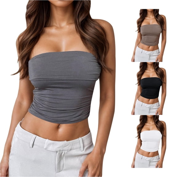 HCYSFG Womens Strapless Tube Tops Sleeveless Solid Color Slim Fit Fitted Bandeau Casual Crop Shirts Everyday Summer Tops