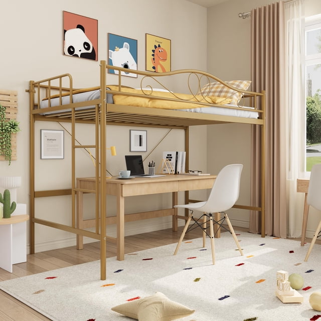 Kojooin Twin Loft Bed with Adjustable Ladder, Space-Saving Metal Loft Bed Frame with Guardrail and No Box Spring Needed