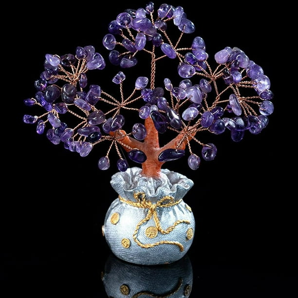 Decoración personalizada del dinero de cristal Piedras Feng Shui Alambre Adorno de dad Estante de base púrpura Macarena Árbol del dinero