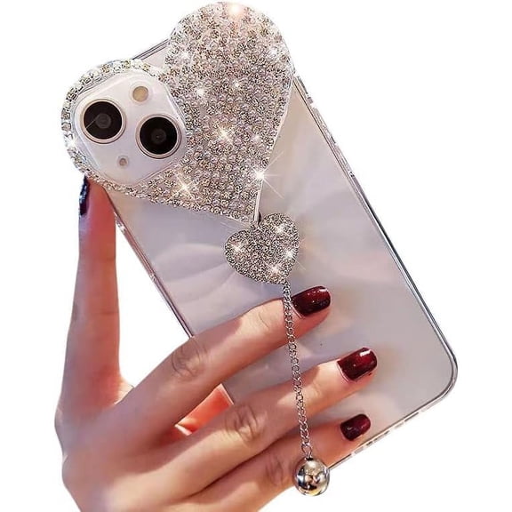 Bling Glitter Case Compatiable with iPhone 15 6.1,Heart Diamond Chian Stylish for Woman Girls Love Pendant Sparkle 3D Handmade Rhinestone with Soft Bumper Silicone Protective Cover