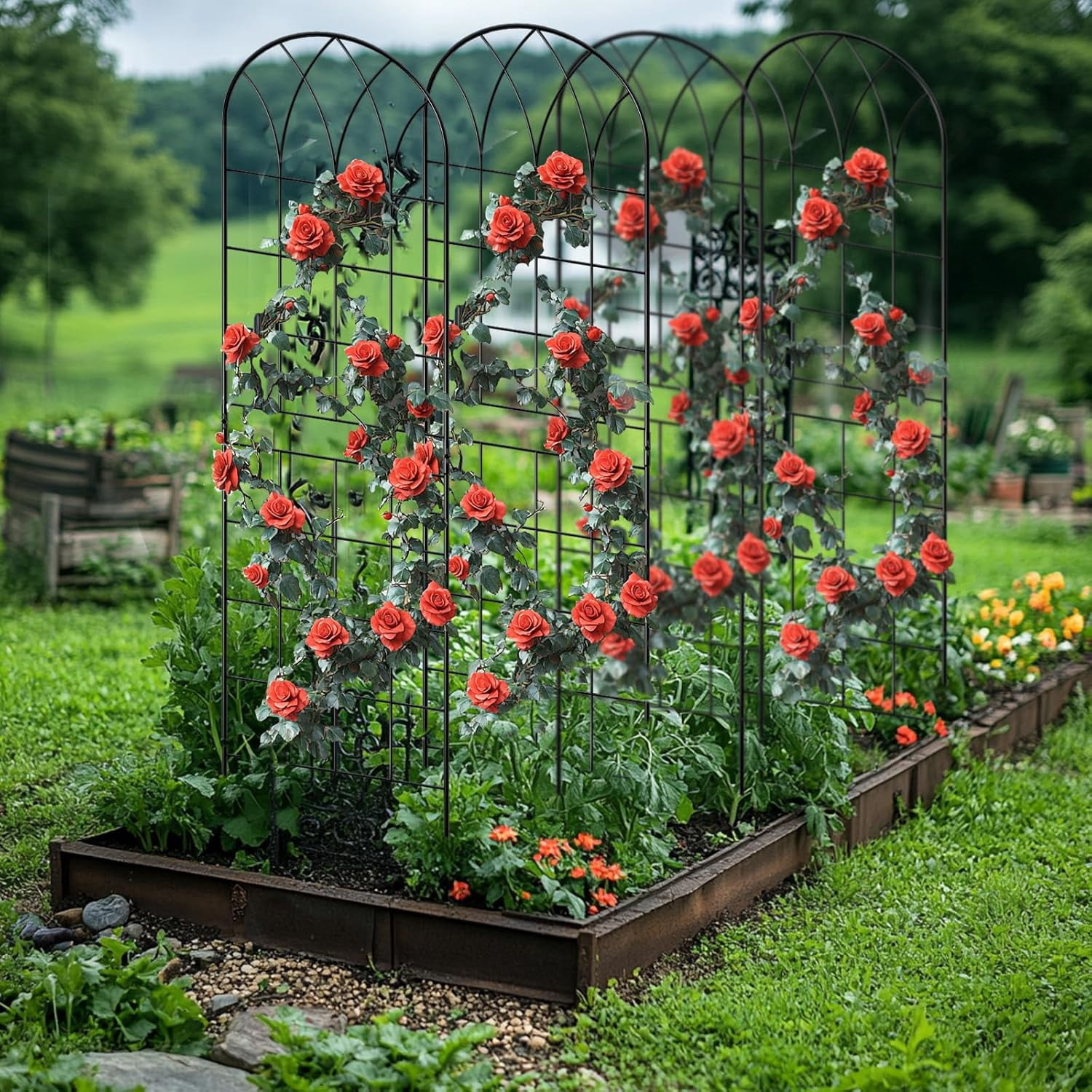 FICISOG 4 Pack 59x16in Metal Garden Trellis for Climbing Plants,Black Large Trellis for Climbing Plants Outdoor, Roses, Vegetables Vines Flowers Support, Large Decorative Outdoor Trellis