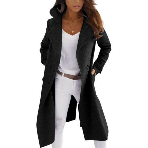 Women's Trench Coats Notch Lapel Jacket Wool Blend Double Breasted Coat Fall Winter Warm Mid Long Pea Coat Outerwear