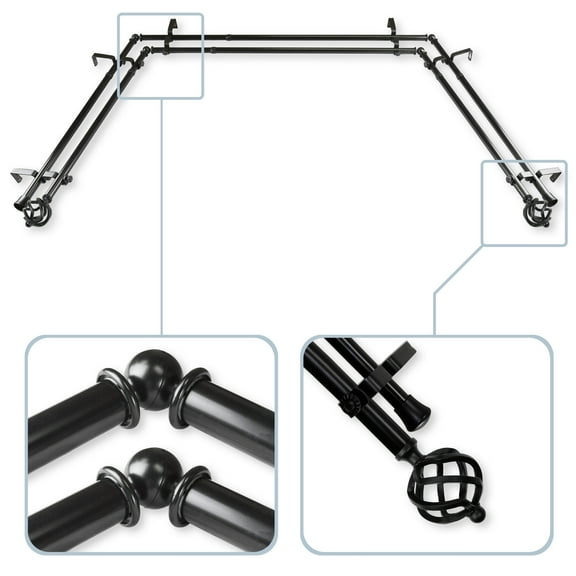 InStyleDesign  Torison 13/16" Double Bay Window  Curtain Rod - 20-36 inches, 38-72 inches Black Black Finish, Satin, Nickel Finish