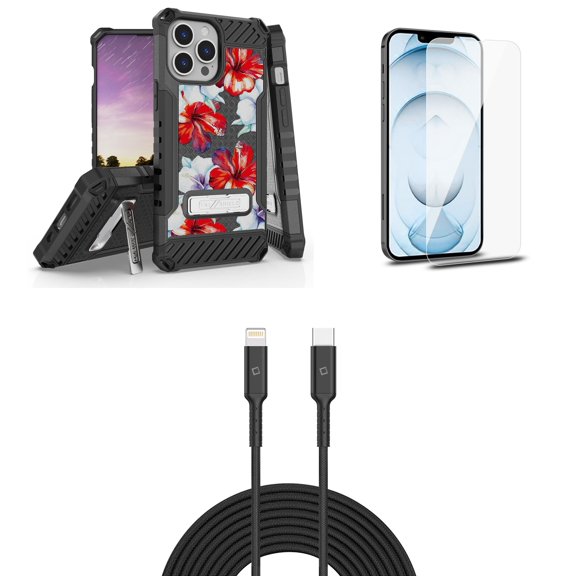 Bemz iPhone 13 Pro Max Bundle: Tri Shield Shockproof Armor Rugged Case (White Red Flower), Premium Glass Screen Protectors (2-Pack), USB-C to Lightning Cable (3.3ft/1m)