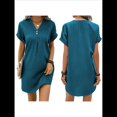 thumbnail image 2 of Vestido Camisero Informal de Verano para Mujer, con Cuello en V, Corta, Plisado, Liso, Holgado y con Botones. Verde Pavo Real L, 2 of 7