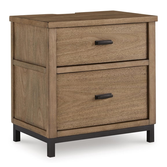 Signature Design by Ashley Tomtyn Modern Nightstand with USB Charging - 2 Drawers with Metal Legs - Light Brown