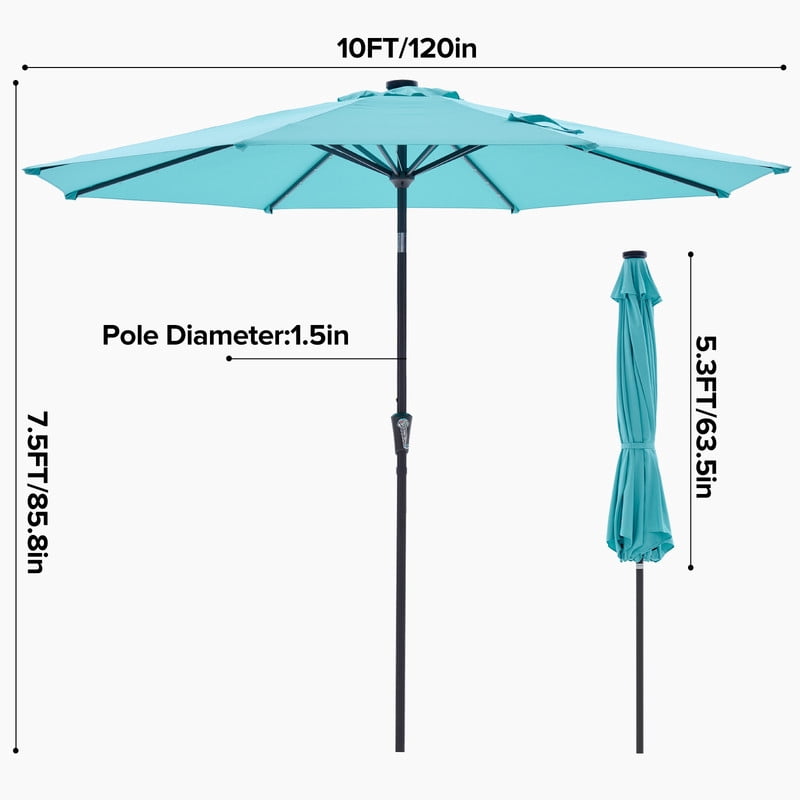 Gianna 10 ft Patio Umbrella for Table, Outdoor Sun Umbrella with 32 LED Solar Lights, Lake Blue