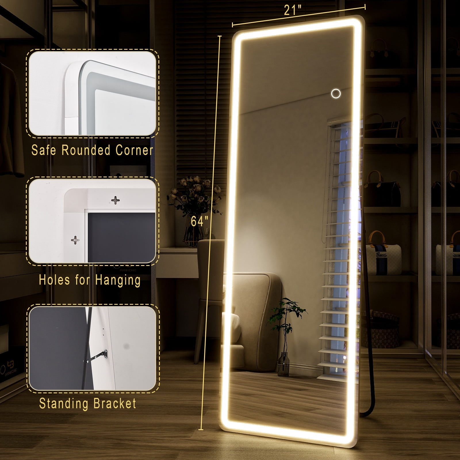 BEAUTYPEAK 64" x 21" LED Rectangular Full Length Mirror Standing Floor Mirror with Safe Corners,White