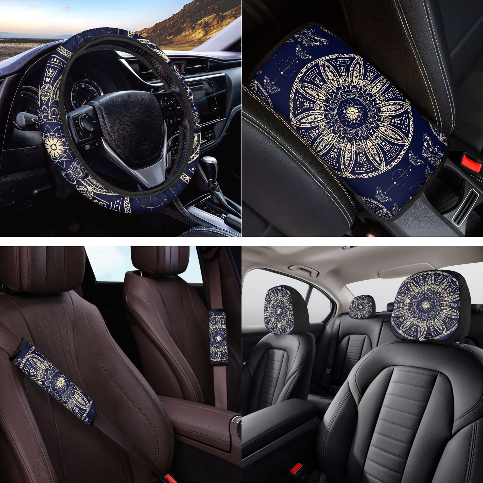 Jeiento Boho Mandala Flower Car Seat Cover Set of 14 Steering Wheel Cover Seat Belt Pad Car Headrest Cover Coaster Armrest Cover Keychain Fit for Truck Sedan Van SUV Interior Auto Accessory