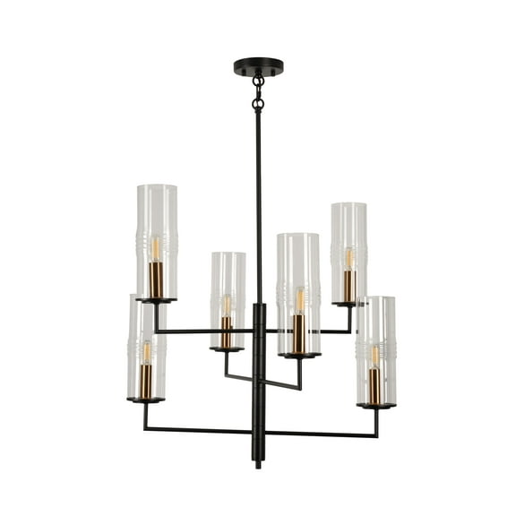 Kenroy Home Caulford 6-Light Chandelier with Clear Glass Cylinder Shade or Dining Room, Living Room, Bedroom, High Ceiling, Foyer or Entryway, Black and Gold