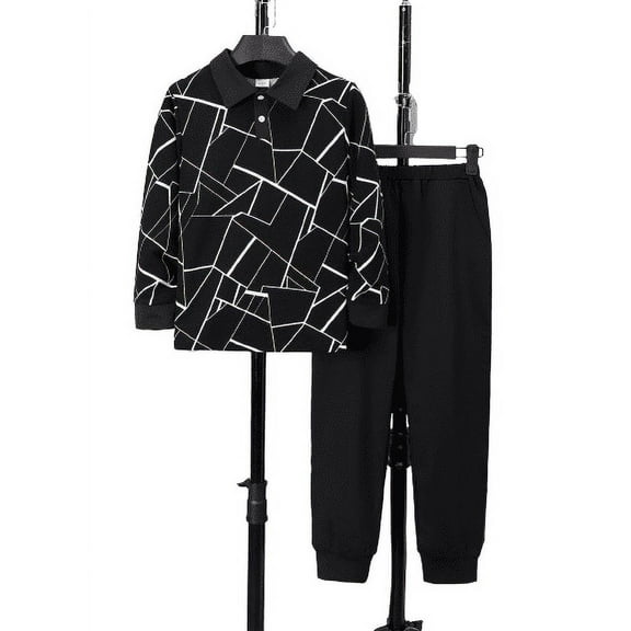 Mikrdoo Big Boys Kids Boys Clothes Geographical Printing Spring Fall Polo Shirt Elastic Pants 2Pcs Outfits Set Black 11-12 Years