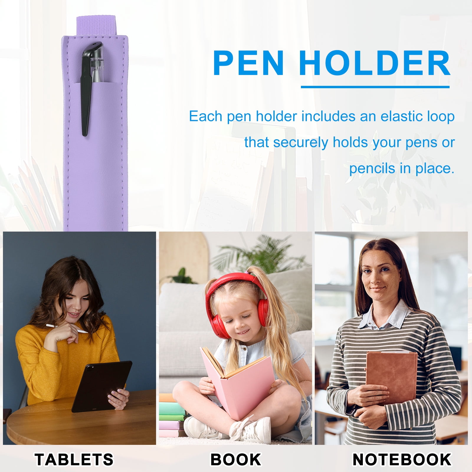 Unique Bargains Adjustable Pen Loop Holder Pencil Sleeve with Elastic Strap Purple