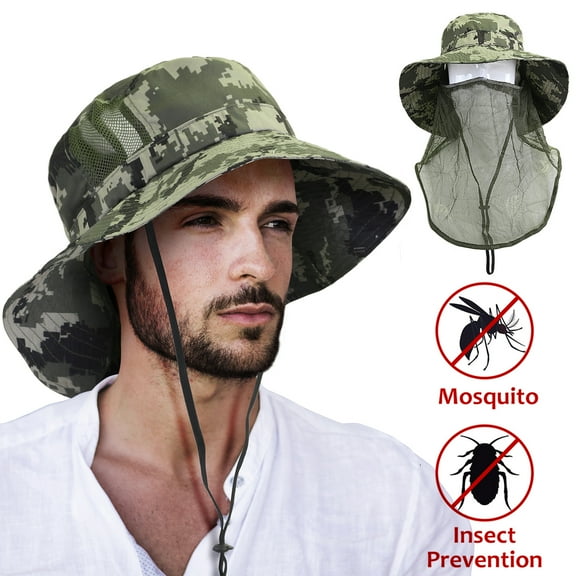 Headshots Fishing Hats with Anti-Mosquito Facemask, UV Protection Sun Hat for Women and Men, Digital Green
