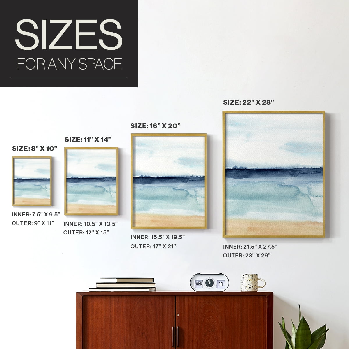 Watercolor Ocean Horizon I Framed Print in Gold Solid Wood 8 x 10 Framed Print