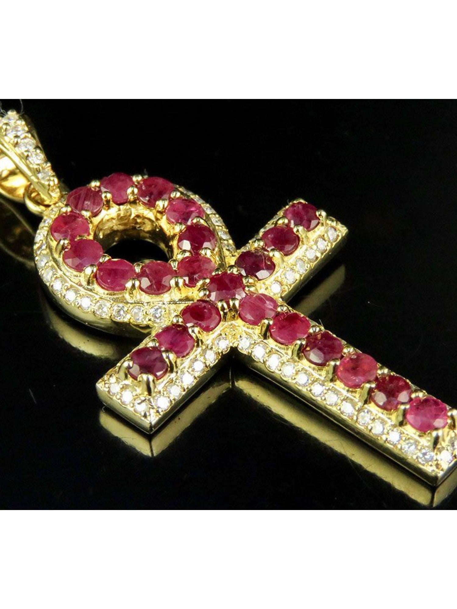 14k Yellow Gold Ruby Ankh Cross Diamond Pendant 3 5 Ct 1 8