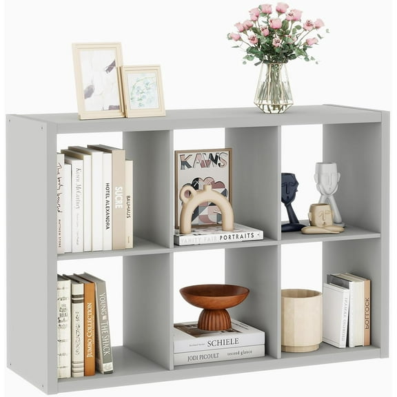 14.6 * 43.8 * 30 inches 2x3 Cube Storage Book Shelf, Engineered Wood 6 Cube Closet Organizer with Open Shelves, Wooden Storage Cubes for Bedroom, Bathroom, Office, Light Gray