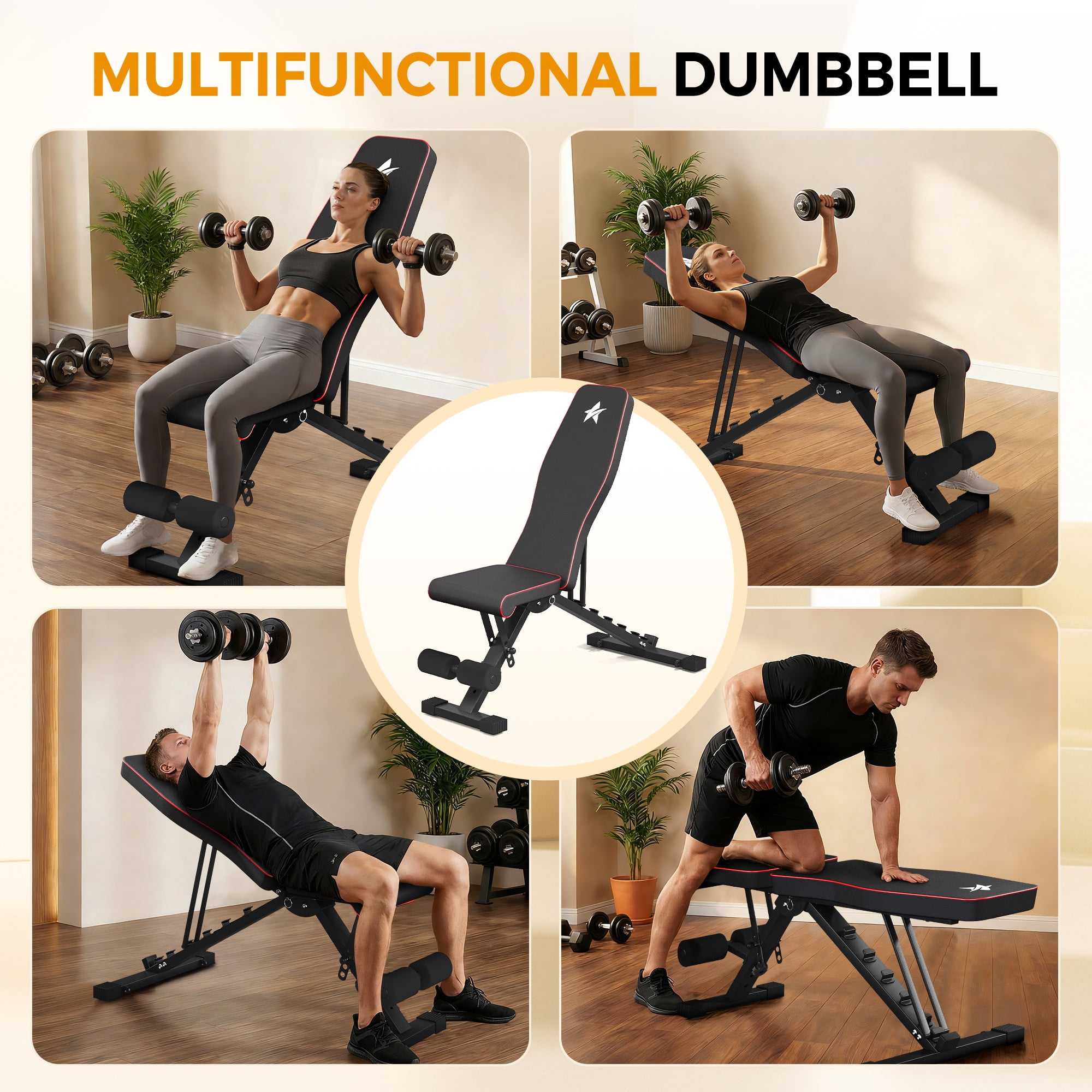 FASTES 7-Position Adjustable Weight Bench, Foldable Workout Bench Press for Full Body Strength Training in Home Gym, 600lbs Capacity, Fits up to 6'2"