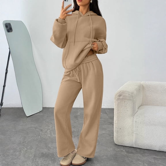 Track Suits For Women Set Women's 2 Piece Set Long Sleeve Wide Leg Tracksuits Casual Lounge Set Wide Leg Pants Matching Set 16-Khaki XL