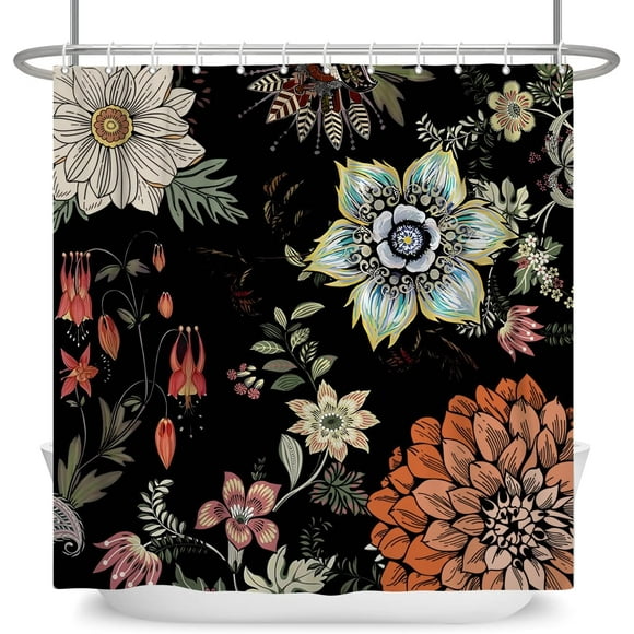 shiyou-Black Floral Shower Curtain Vintage Boho Style Abstract Colorful Flower Shower Curtains 72x72 Inch Polyester Fabric Bohemian Bathroom Curtains with Hooks