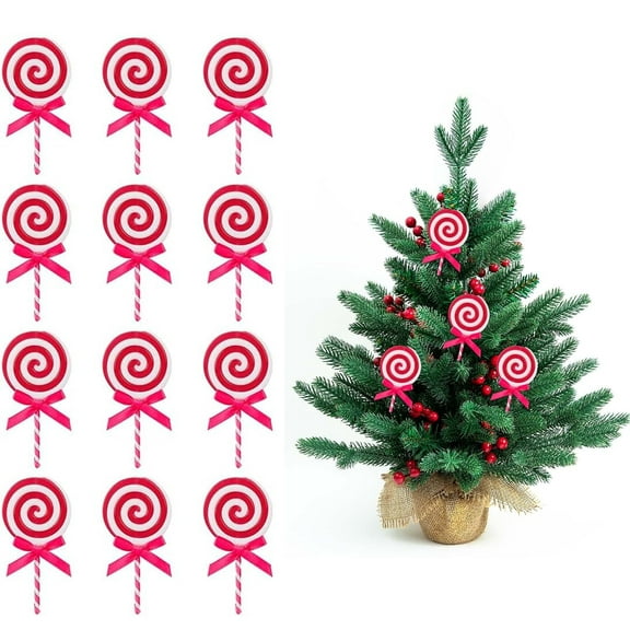 NOGIS 12Pcs Christmas Candy Cane Plastic Candy Decorations Peppermint Ornaments for Christmas Tree Candy Lollipop Craft Decor for Xmas Home Party Supplies (Pink)