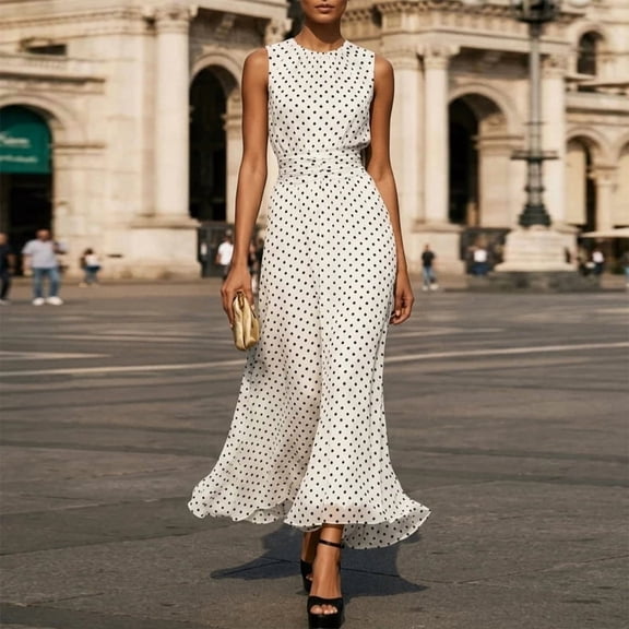 Morttic Women's Stylish Sleeveless Crew Neck Polka Dot A-Line Slimming Long Dress Perfect for Parties, Dates & Gifts White,S