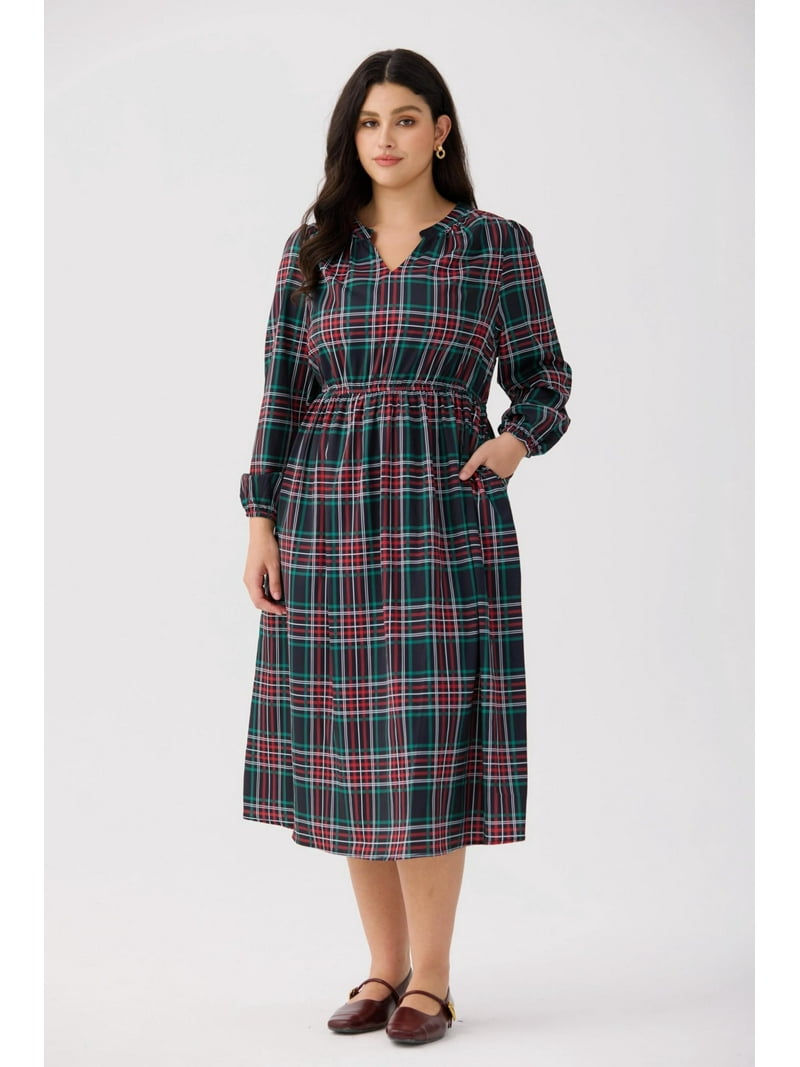 christmas plaid plus size dress Tiyomi Plus Size Long Sleeve Dress for Curvy Women 2x Red Plaid Long Dresses V Neck Ruffle Flowy Spring Fall Cocktail Party Dresses Christmas Maxi