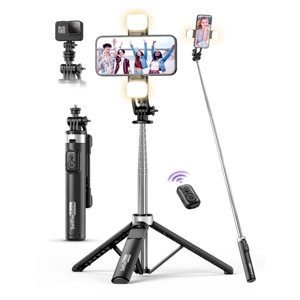 Trípode selfie Stick de 53 pulgadas con luz, palo selfie extensible con control remoto, trípode portátil para teléfono celular con clip para teléfono todo en 1, trípode de cámara liviano compatible co