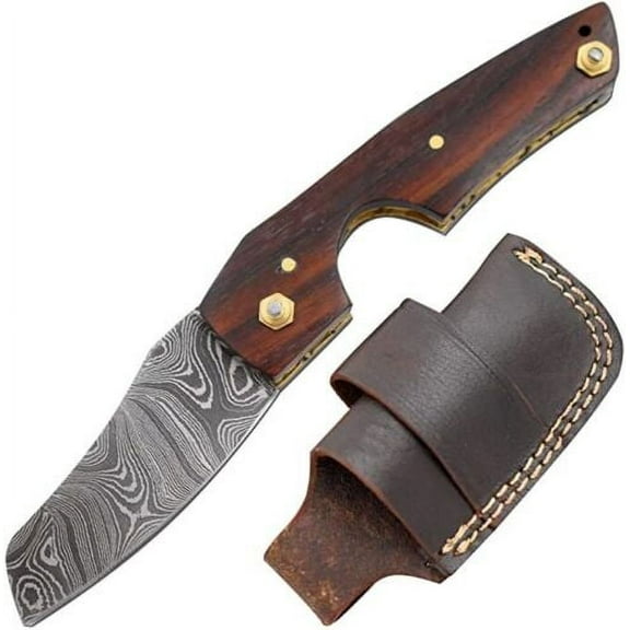 Old Ram Damascus Steel Cigar Cutter Knife Gold Lining Rosewood Finish with Leather Sheath