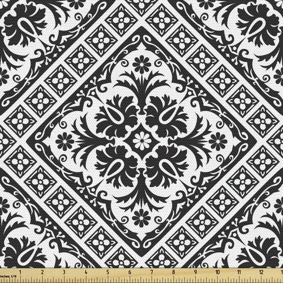 Renaissance Fabric by the Yard, Victorian Damask in Contemporary Minimalist Tones with Art Deco Effects, Upholstery Fabric for Dining Chairs Home Decor Accents, 1 Yard, Black and White by Ambesonne