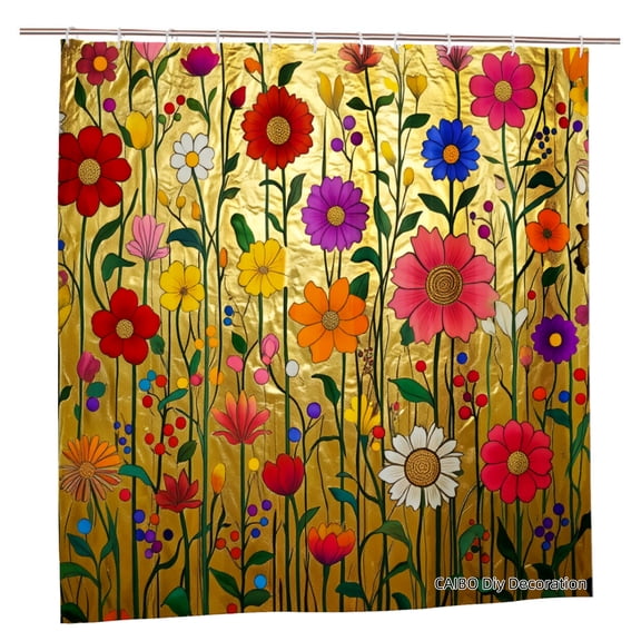 Joocen Polyester Shower Curtain Colorful Floral Pattern Golden Background For Home Bathroom Bath Tub Decoration 72x72 inch