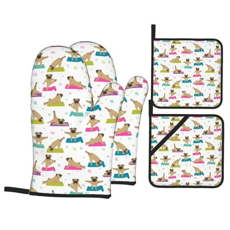 

Oven Mitts and Pot Holders 4 Piece Yoga Dogs Poses High Heat Slip Resistant Oven Mitt and Trivets Set Kitchen Oven Glove Pot Holders for Cooking Baking Grilling