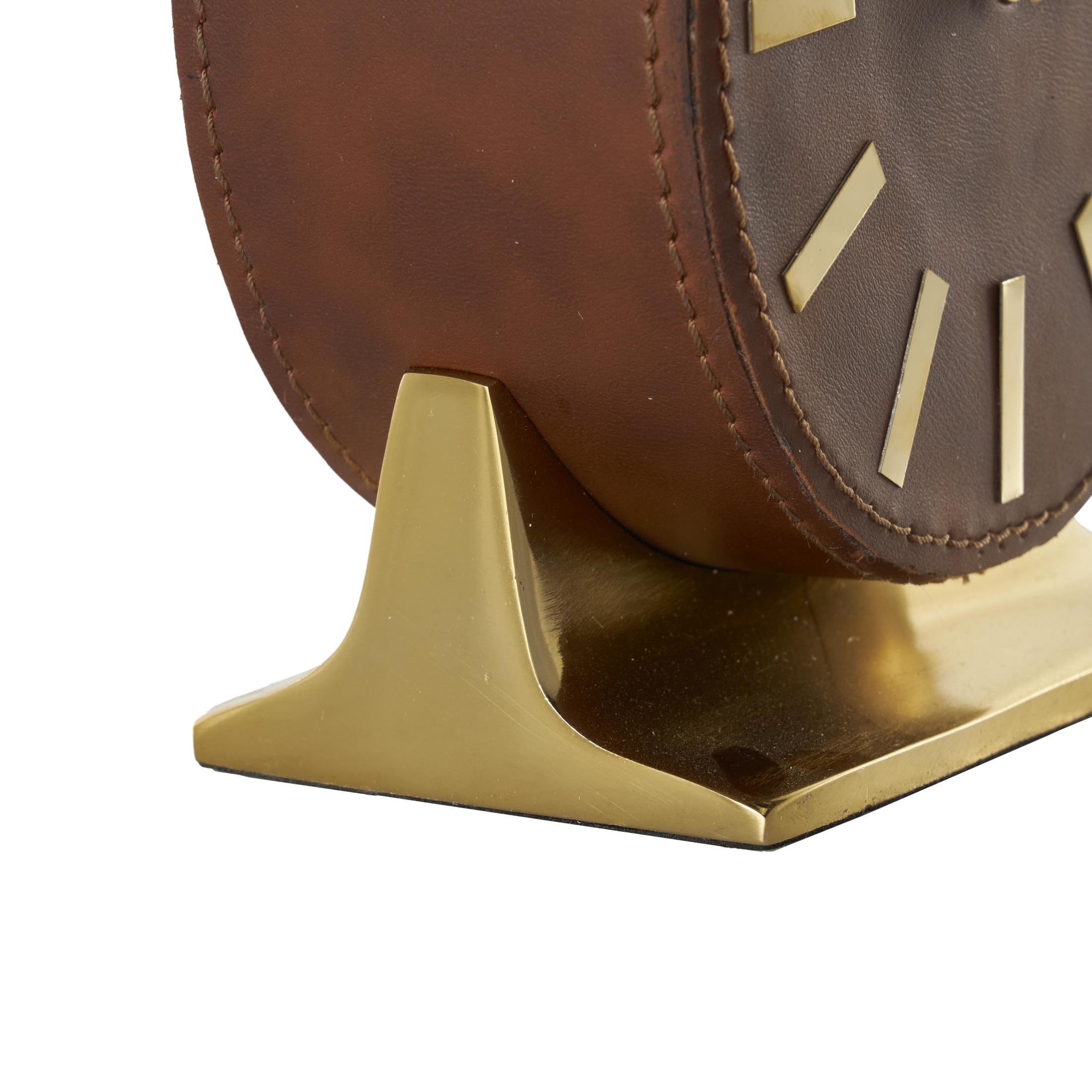 DecMode 7" Brown Faux Leather Round Clock with Gold Rectangular Base